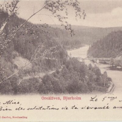 Oreälfven, Bjurholm
Foto och förlag Rikard Garfvé, Nordmaling
Poststämplat 7/3 1903
Ägare: Åke Runnman
9x14